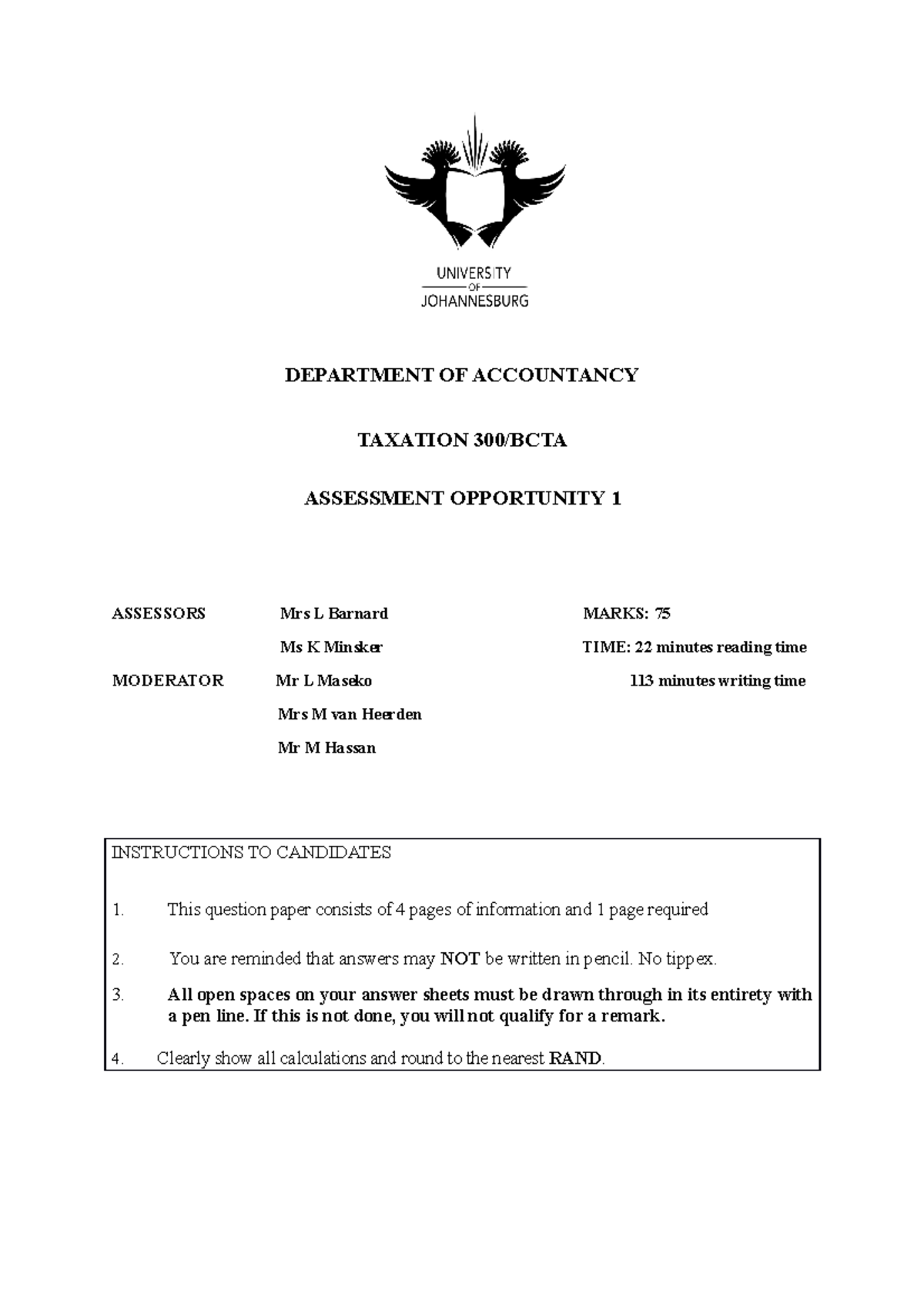 Exam 6 March 2017, questions DEPARTMENT OF ACCOUNTANCY TAXATION 300