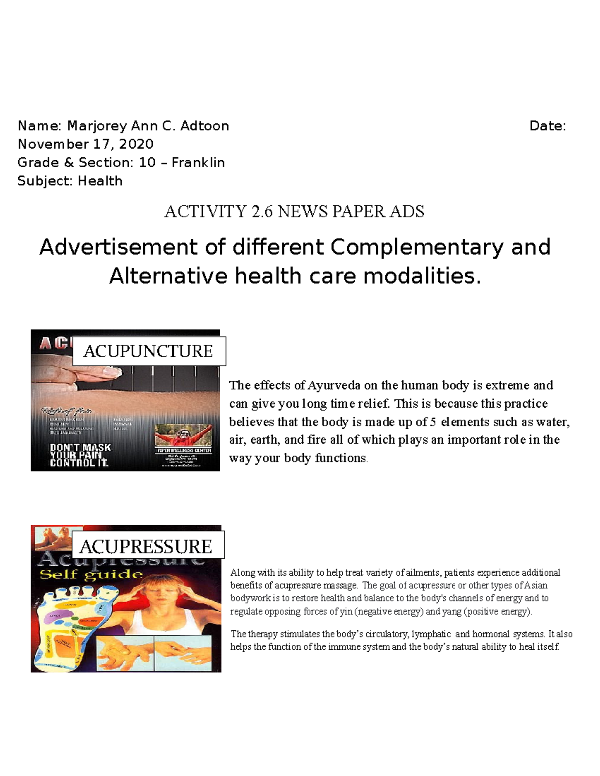 Complementary And Alternative Healthcare Modalities Grade 10