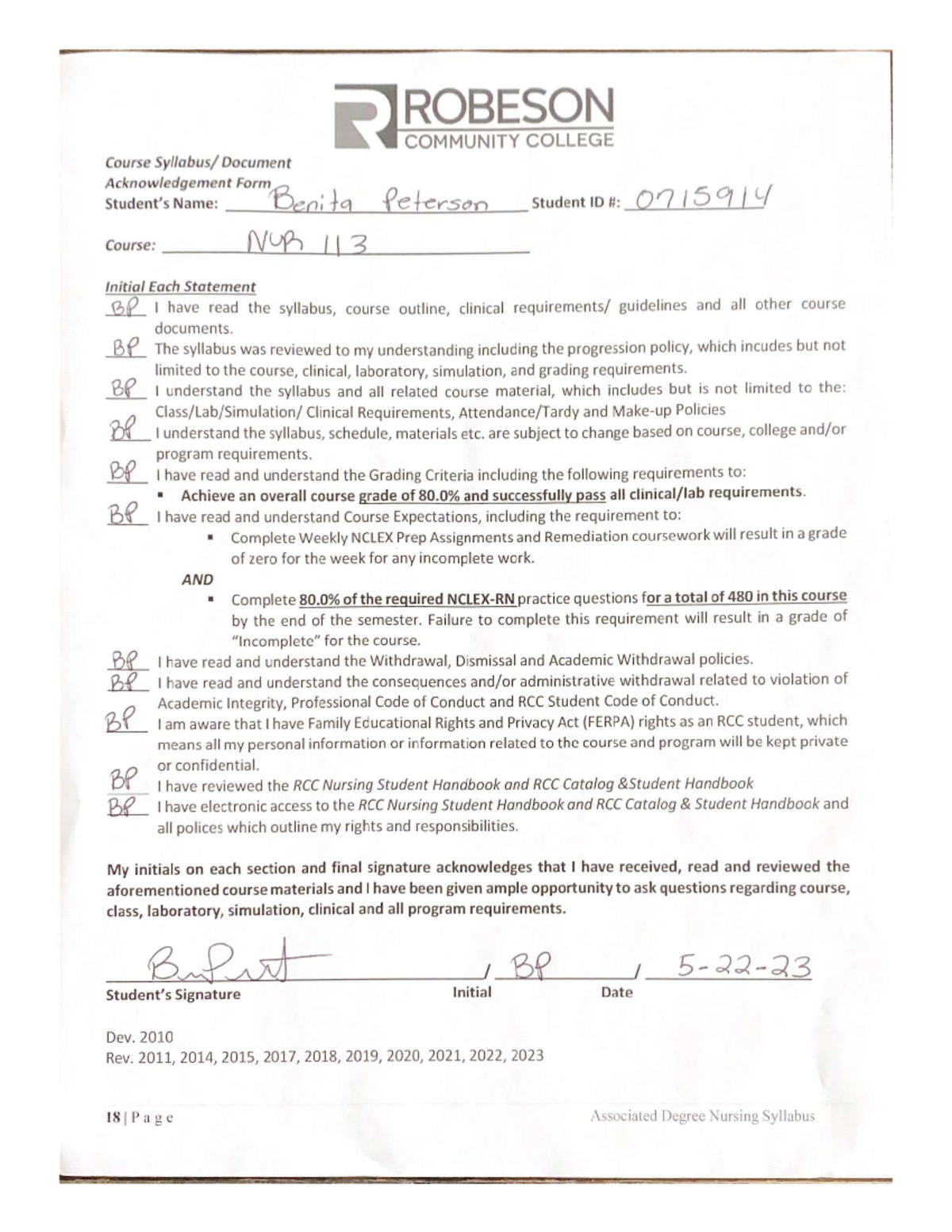 113 Course Syllabus Acknowledgement - NUR-113 - Studocu