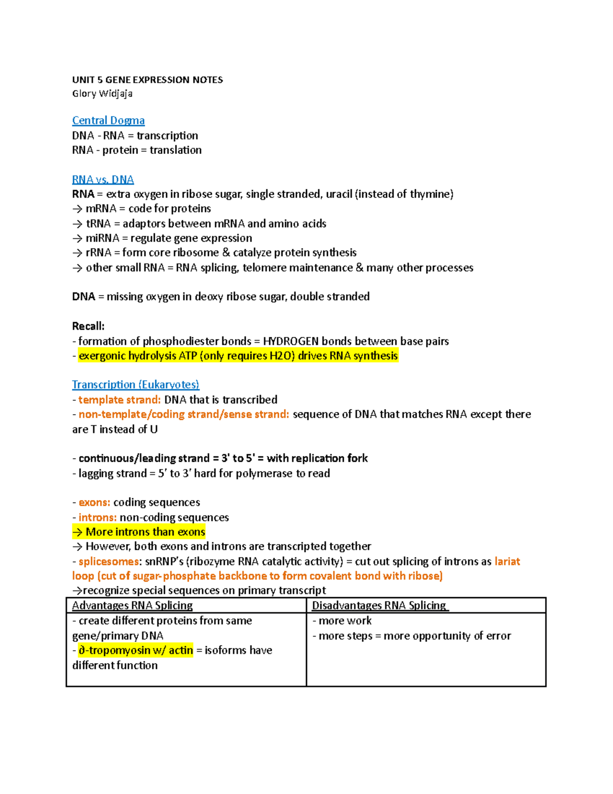 Unit 5 Gene Expression - notes - UNIT 5 GENE EXPRESSION NOTES Glory ...