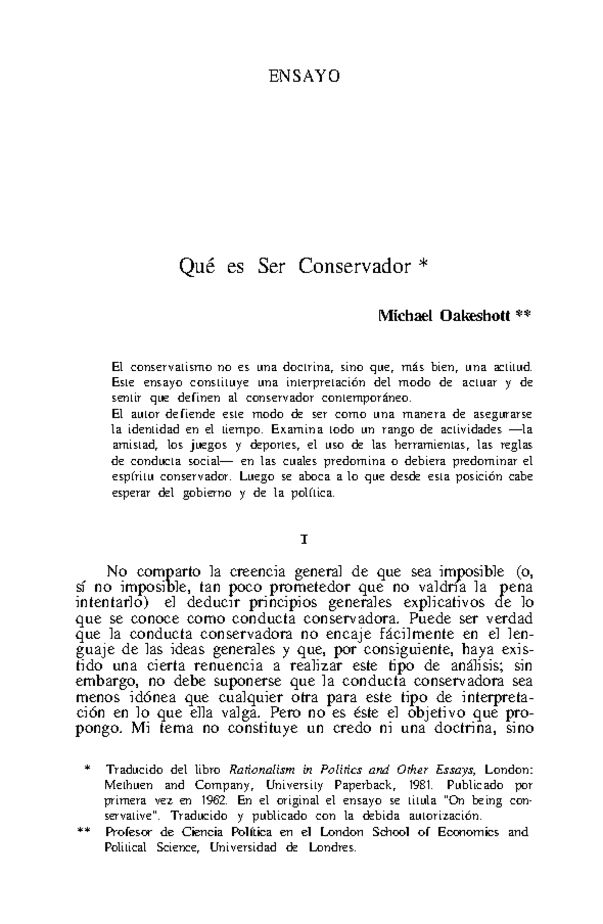 Qué es ser conservador Michael Oakeshott - ENSAYO Qué es Ser ...