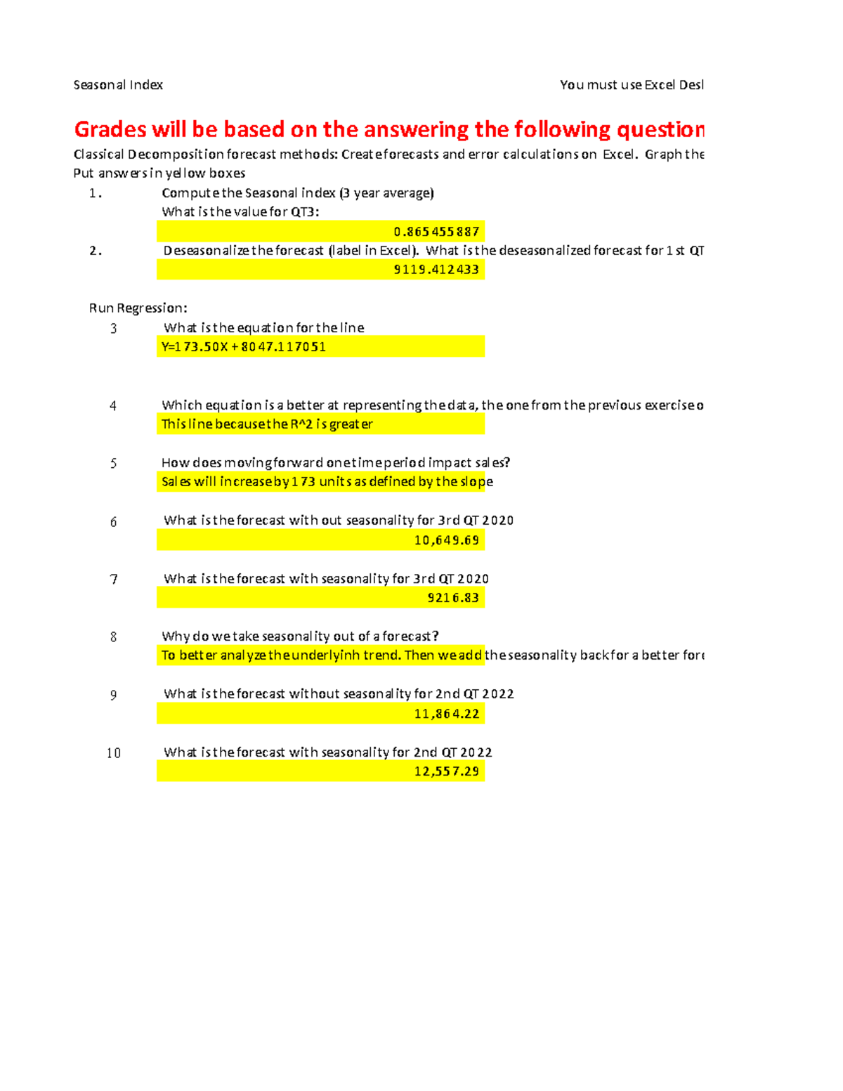 Assignment 4pdf Seasonal Index You must use Excel Deskt Grades will