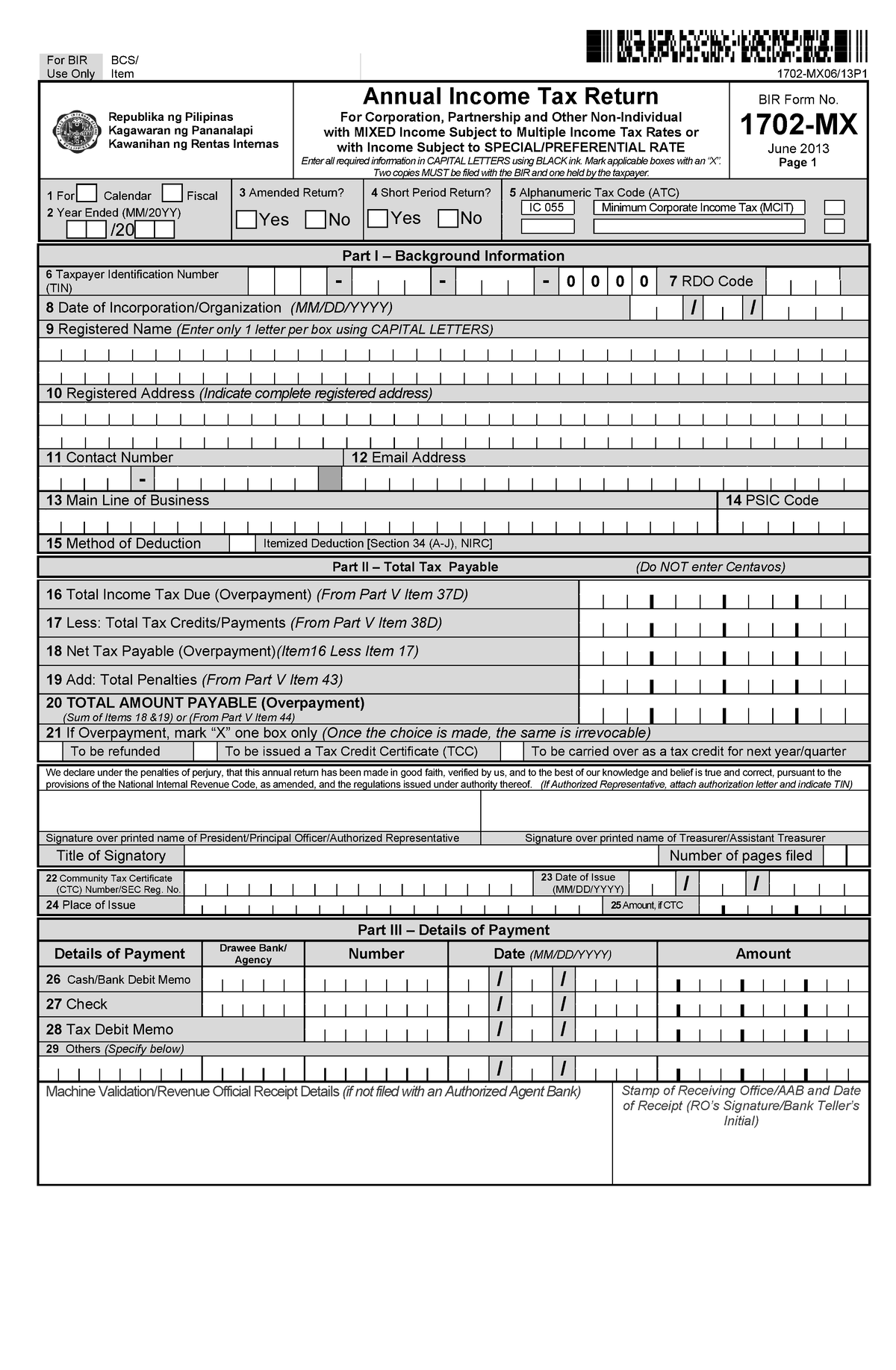 82202 BIR Form 1702-MX - BIR Forms - For BIR Use Only BCS/ Item 1702 ...