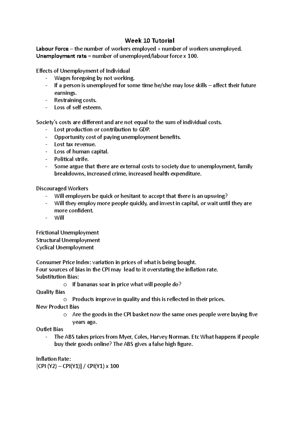 Week 10 Tutorial Notes - Week 10 Tutorial Labour Force – the number of ...