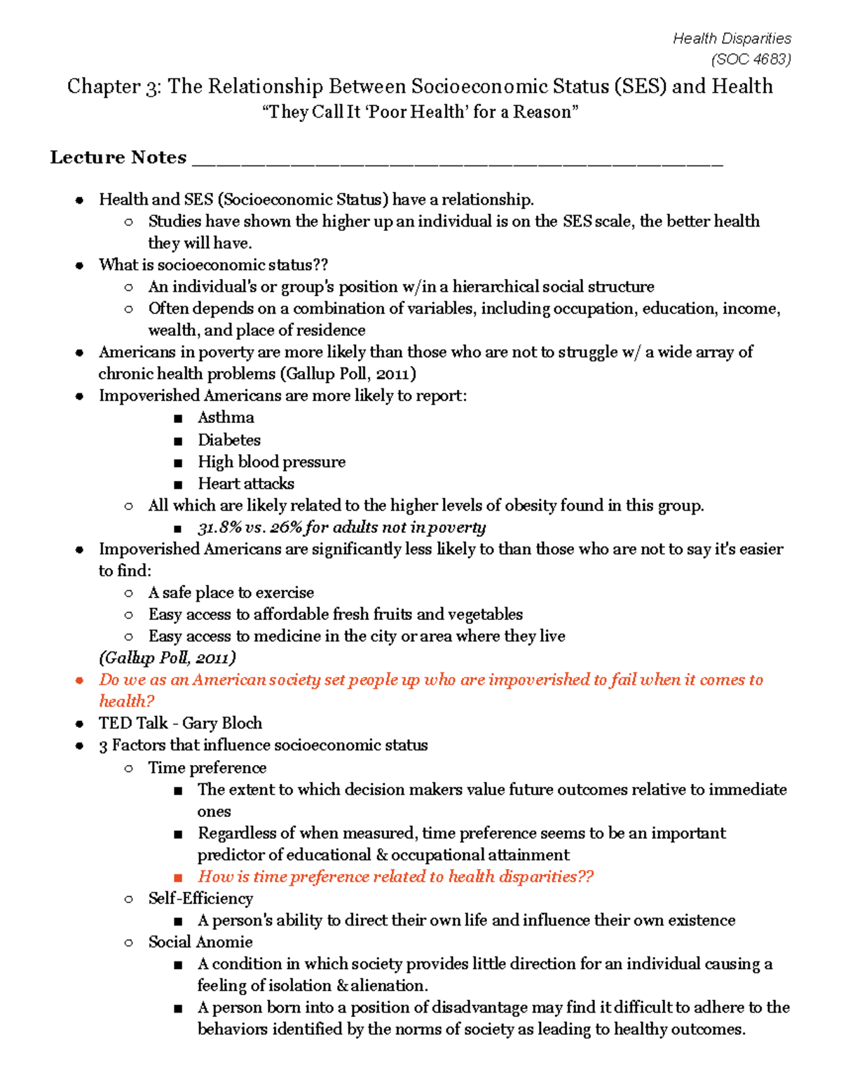 SOC 4683 Health Disparities Chapter 3 The Relationship Between