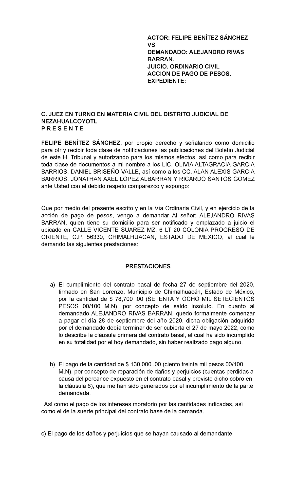 Demanda don Felipe final - Derecho Romano - UNAM - Studocu