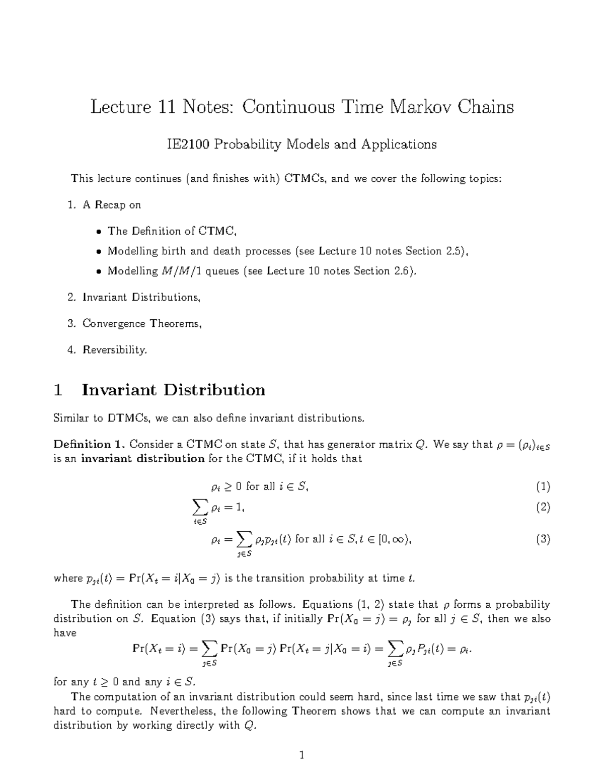 L11 notes - Lecture 11 Notes: Continuous Time Markov Chains IE2100 ...