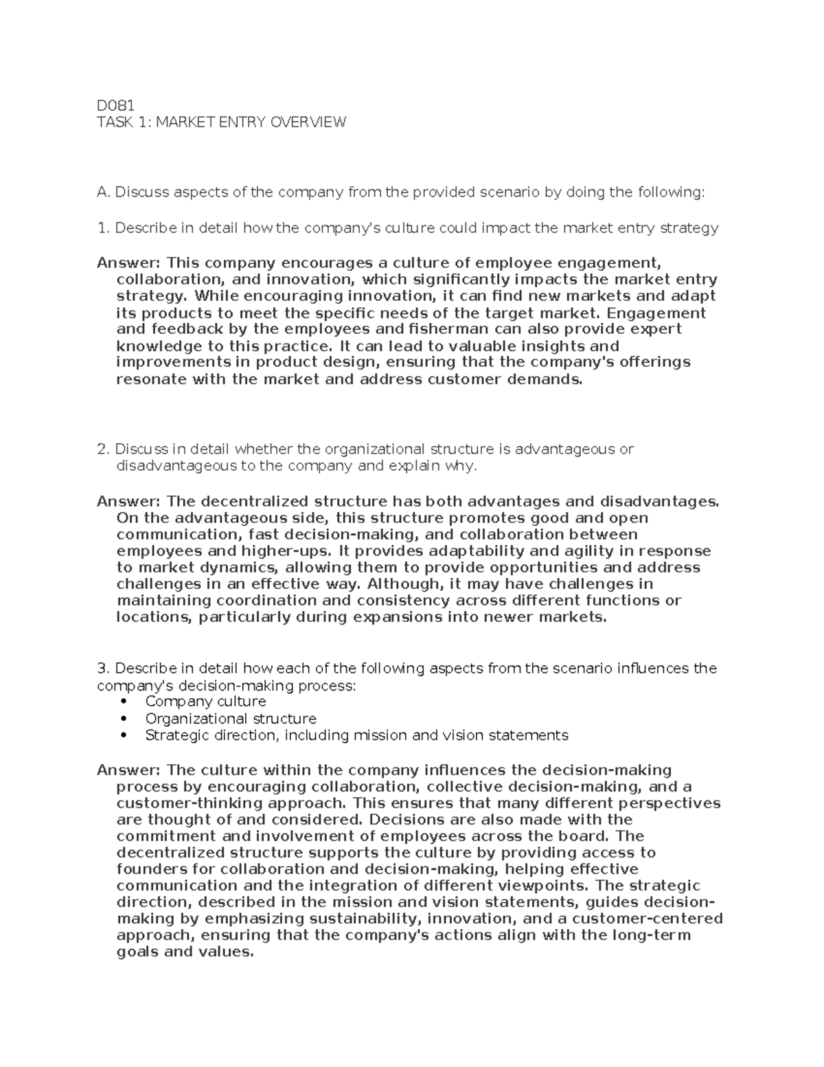 D081 Task 1 - Passed task 1 for D081 - D TASK 1: MARKET ENTRY OVERVIEW ...