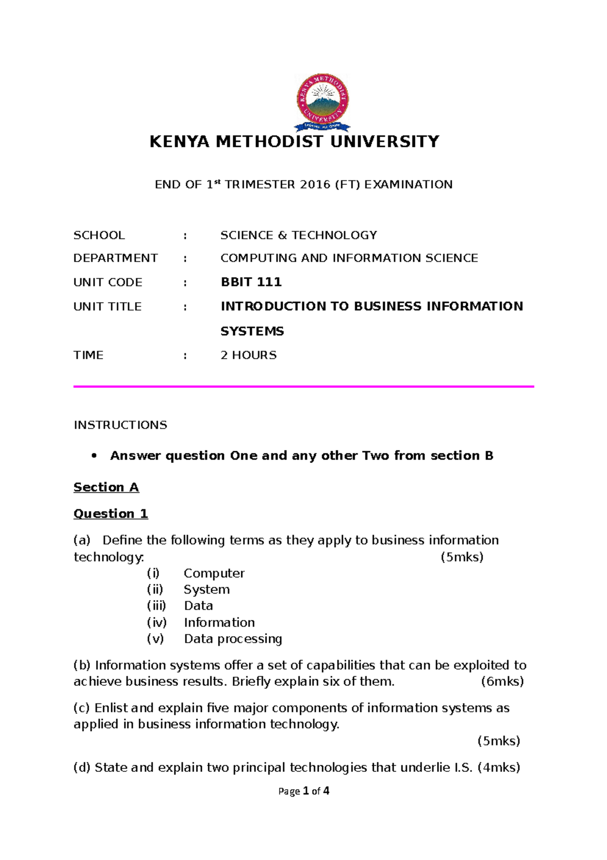 Introduction TO Business Information Systems (BBIT 111-MISC 116-CISY ...