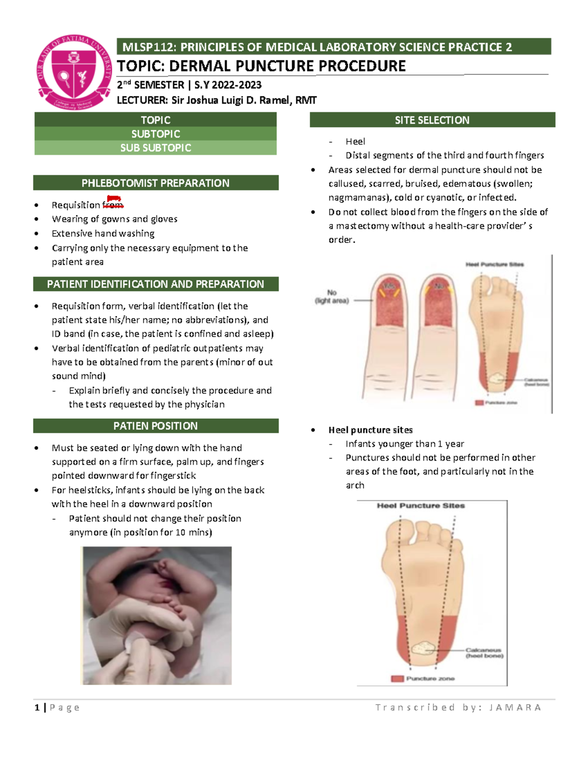 Lesson 1 ( Laboratory) - Dermal Puncture Procedure - TOPIC SUBTOPIC SUB ...