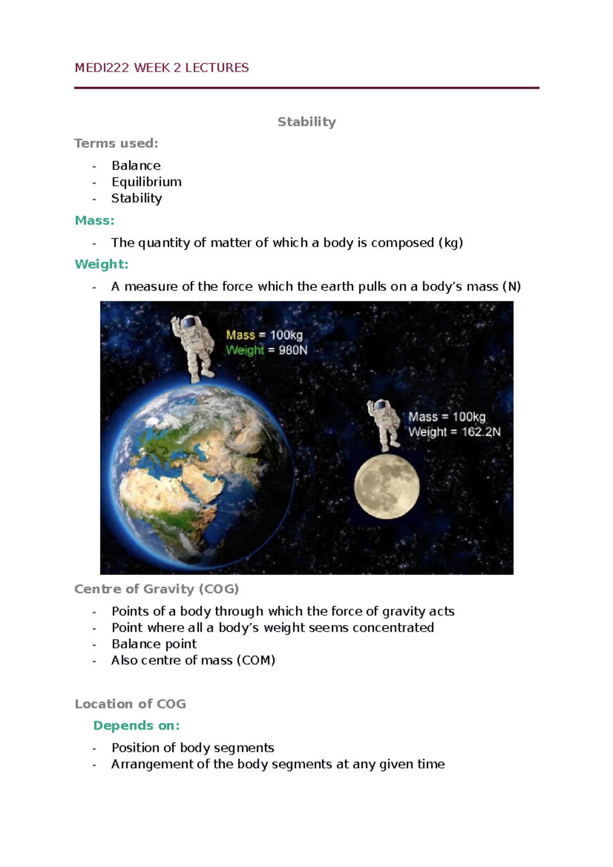MEDI222 WEEK 2 Lectures - MEDI222 WEEK 2 LECTURES Stability Terms used ...