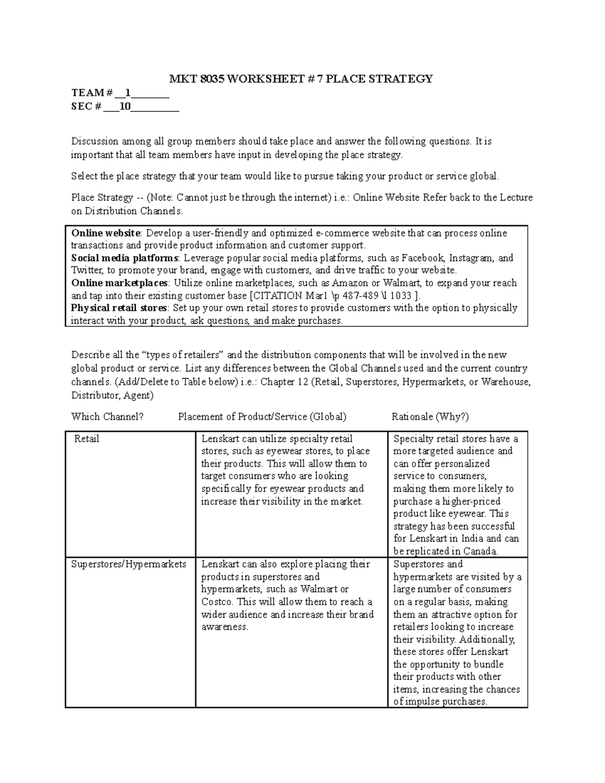 7- Place Strategy - no comments - MKT 8035 WORKSHEET # 7 PLACE STRATEGY ...