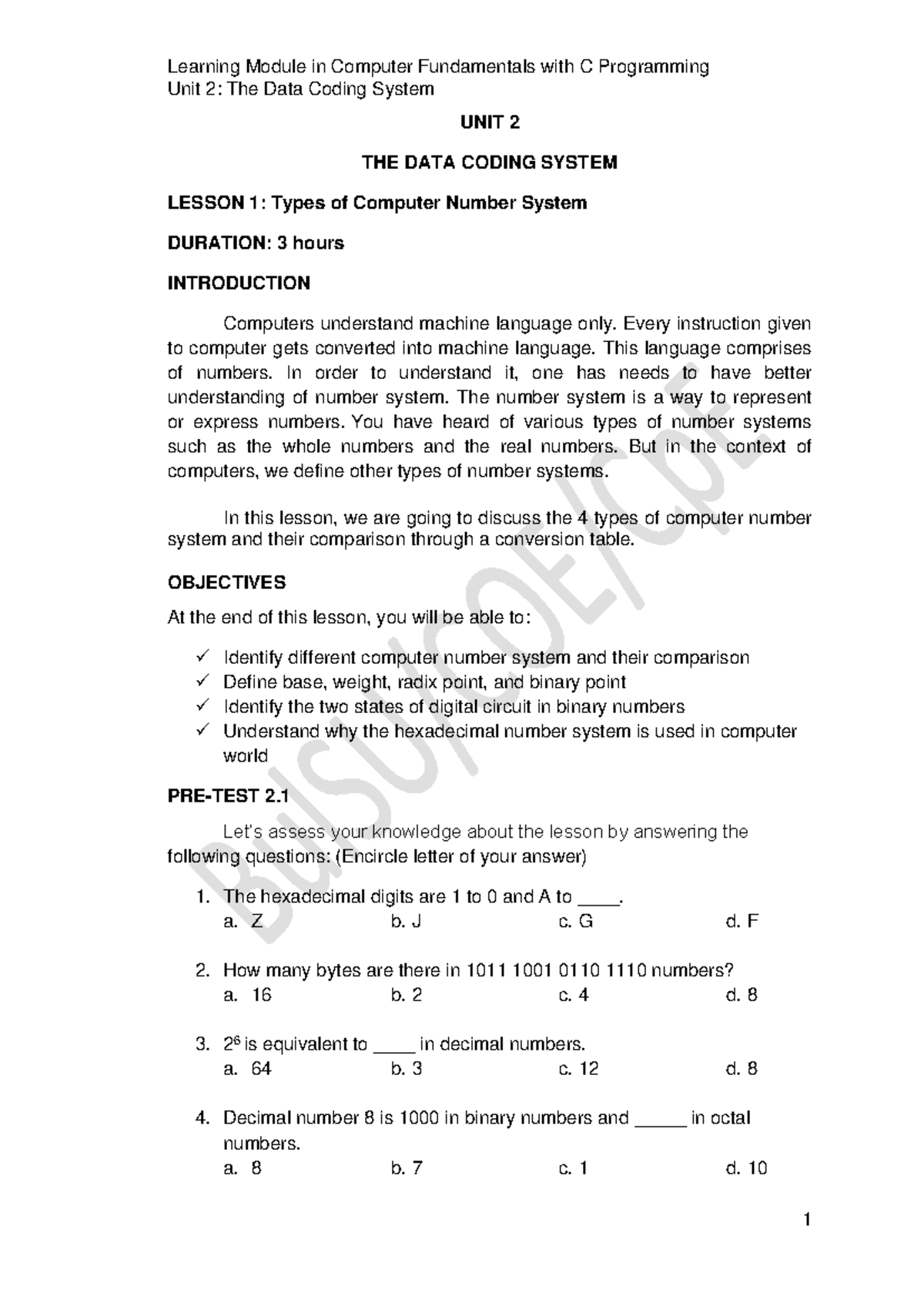 CFP Unit2 The Data Coding System - Unit 2: The Data Coding System UNIT ...