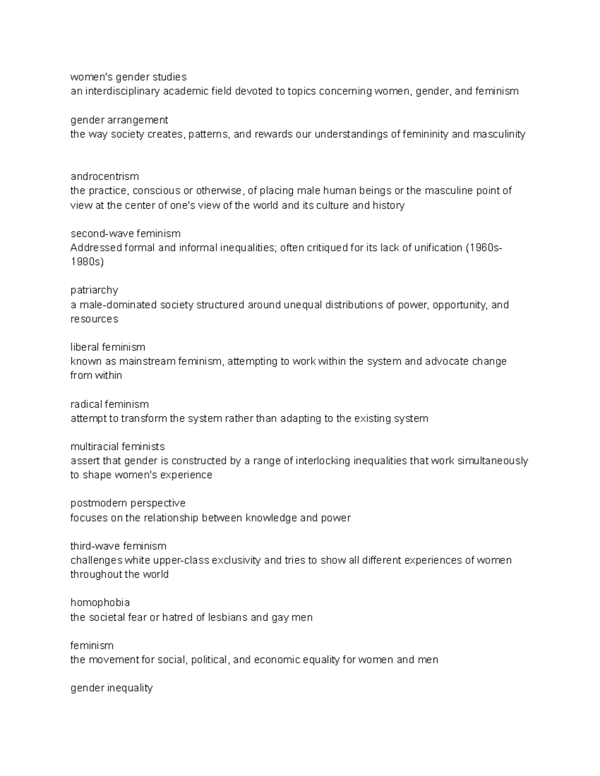 W1 - sociology of gender study guide - women's gender studies an ...