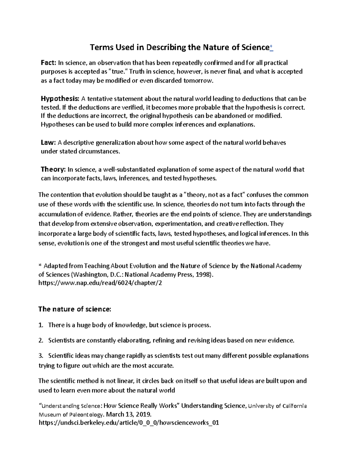 Terms Used in Describing the Nature of Science - 