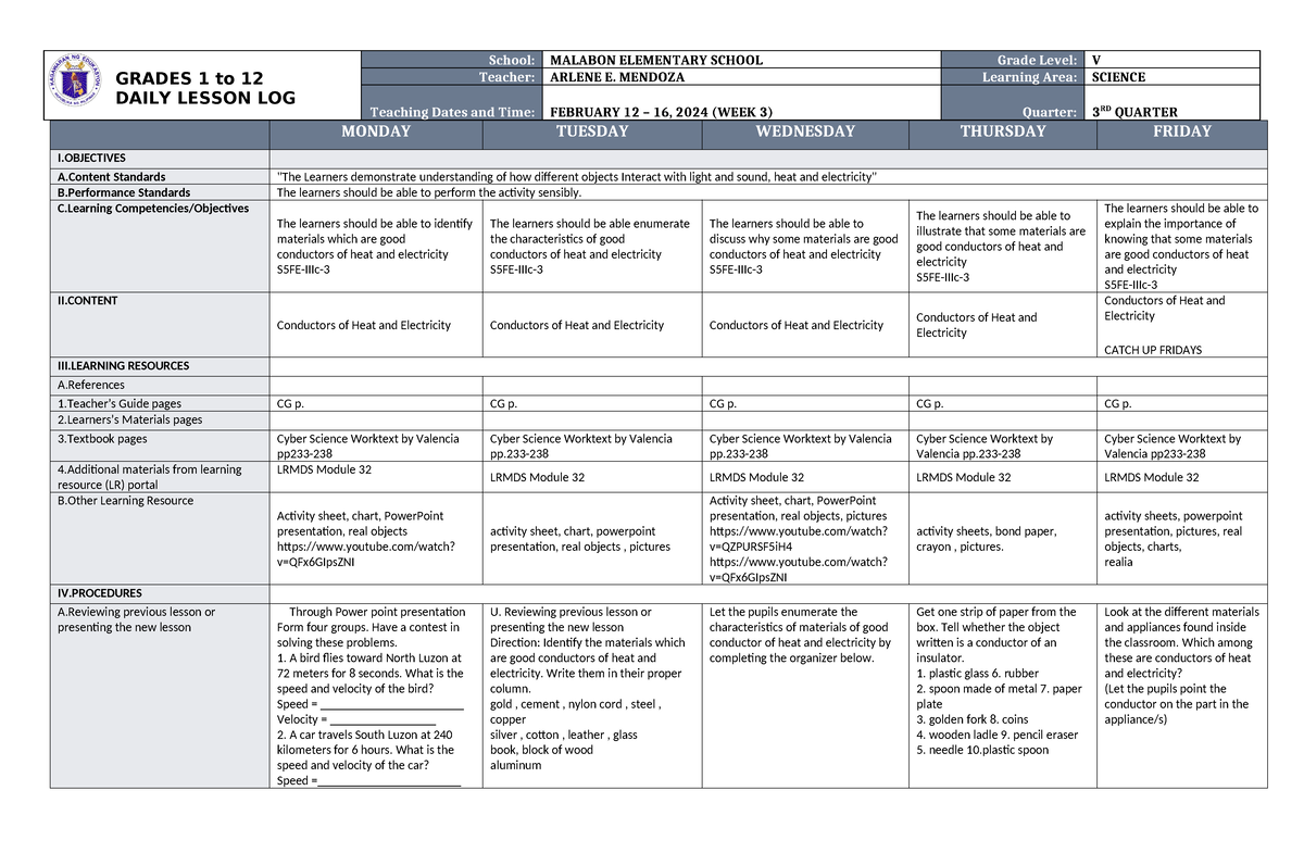 Dll Science 5 Q3 W3 - Lesson Plan - Grades 1 To 12 Daily Lesson Log 