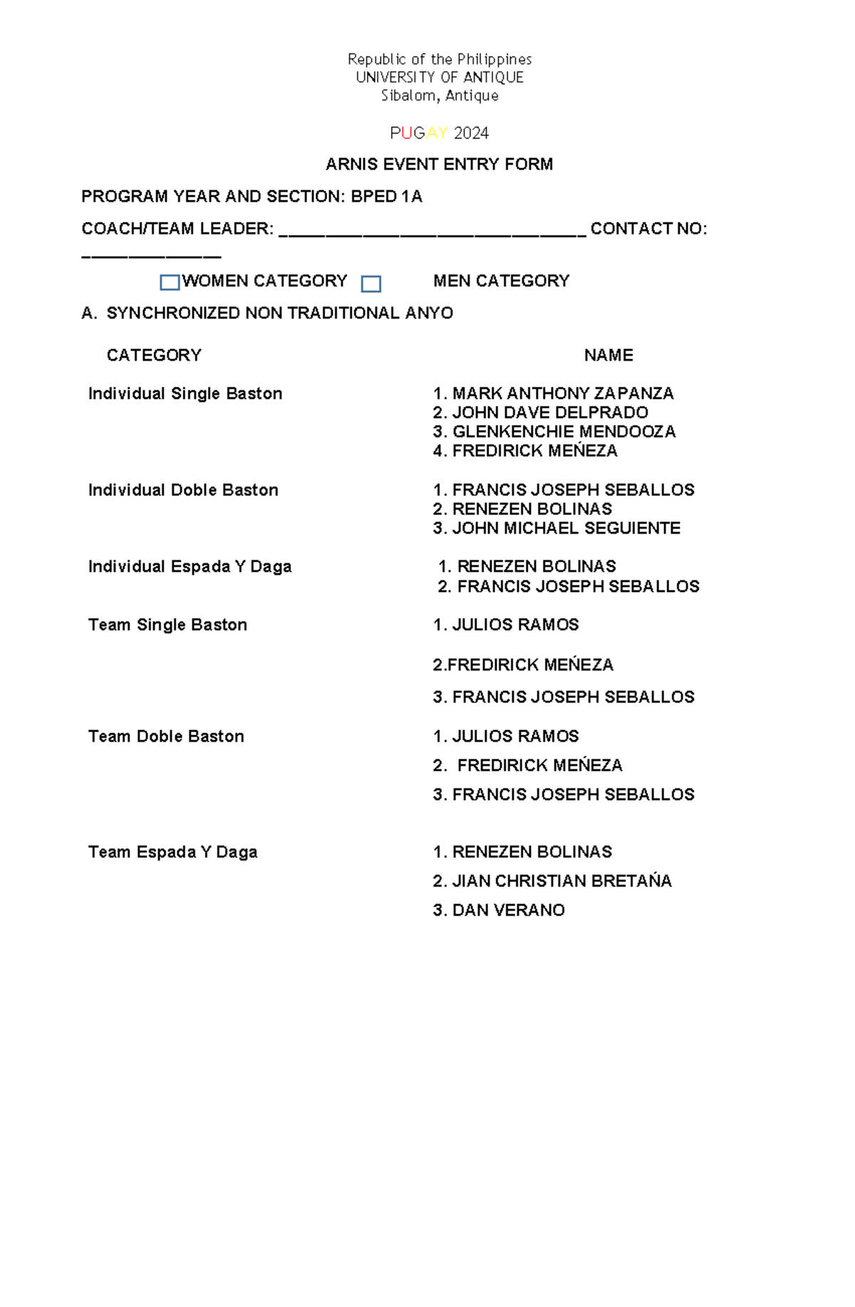 arnis tournament entry forms paper - UNIVERSITY OF ANTIQUE Sibalom ...