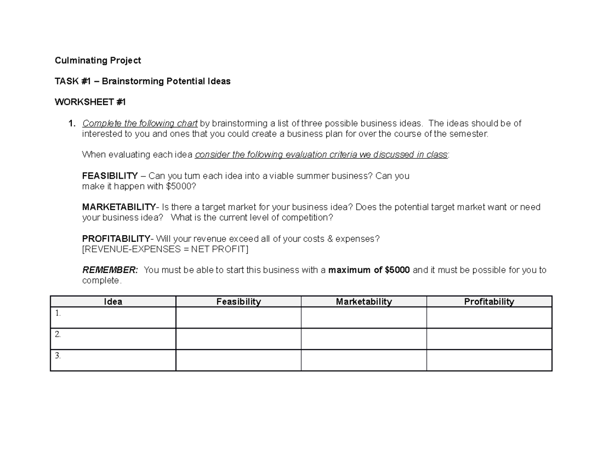 Culminating Project Task 1 Culminating Project TASK 1