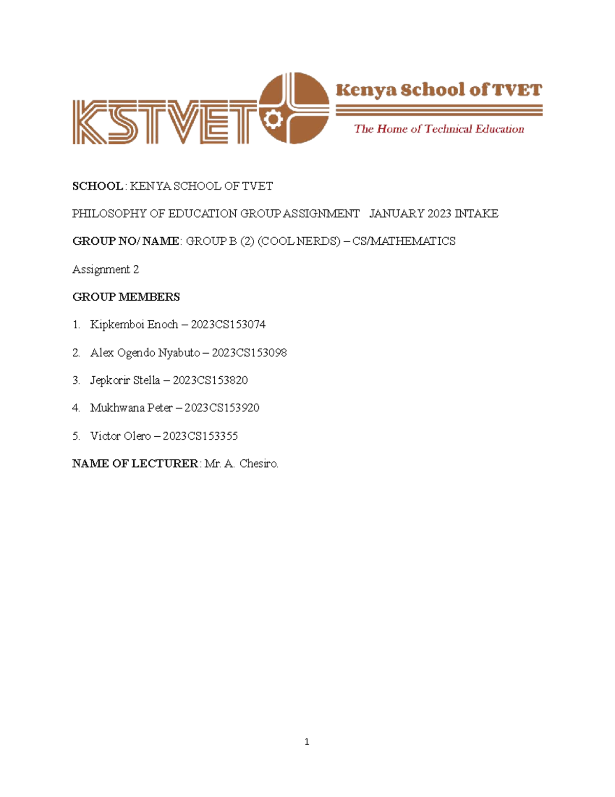 Philosophy final 3 - wfwfwf - SCHOOL: KENYA SCHOOL OF TVET PHILOSOPHY ...