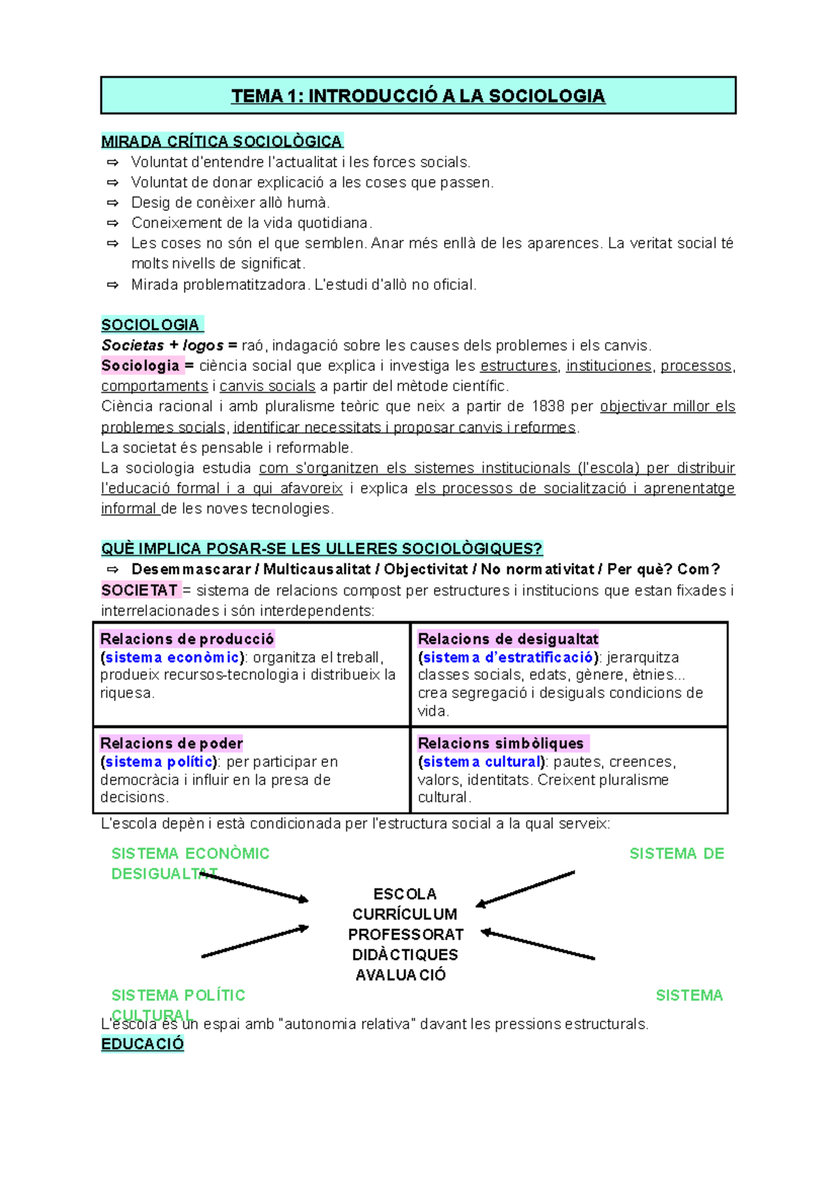 TEMA 1 Sociologia (apunts Per Treballar La Teoria) - MIRADA CRÍTICA ...