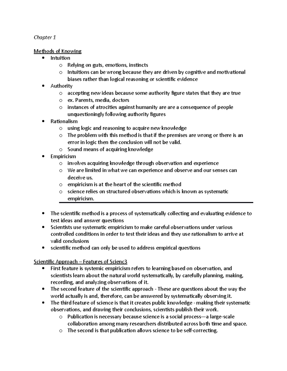 Psych notes - Chapter 1 Methods of Knowing Intuition o Relying on guts ...