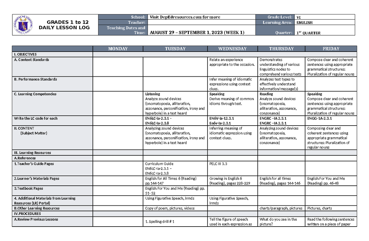 DLL English 6 Q1 W1 - Daily Lesson Log - GRADES 1 to 12 DAILY LESSON ...