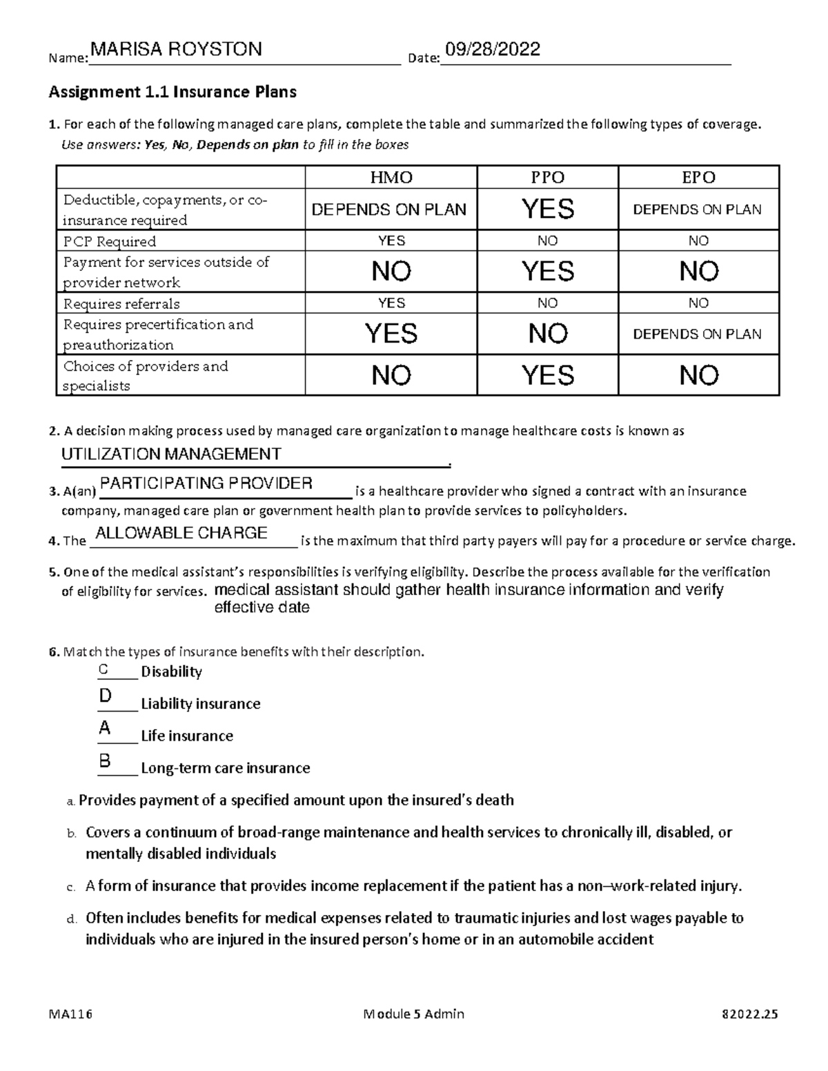 assignment 1 1 insurance plans quizlet