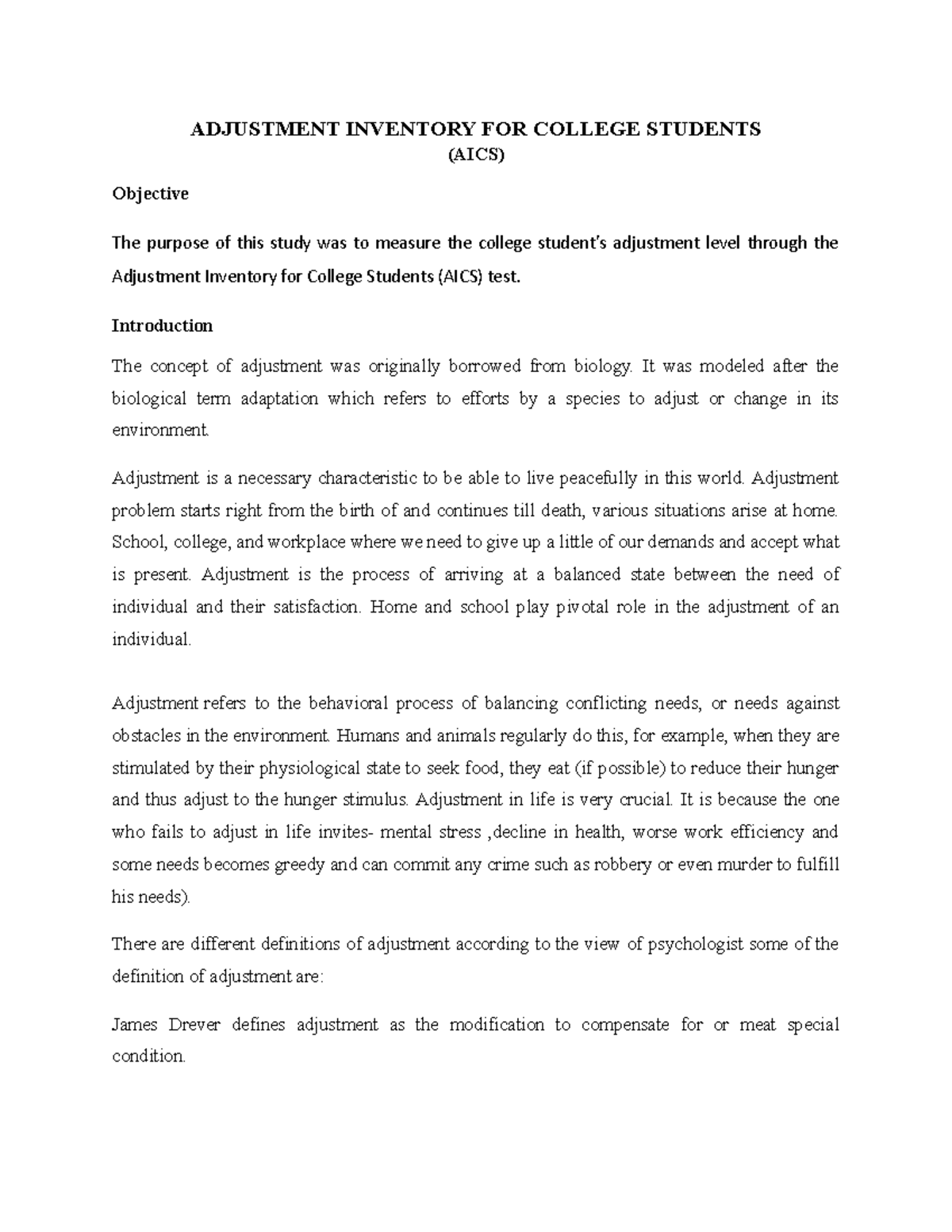 Adjustment scale for student - ADJUSTMENT INVENTORY FOR COLLEGE ...
