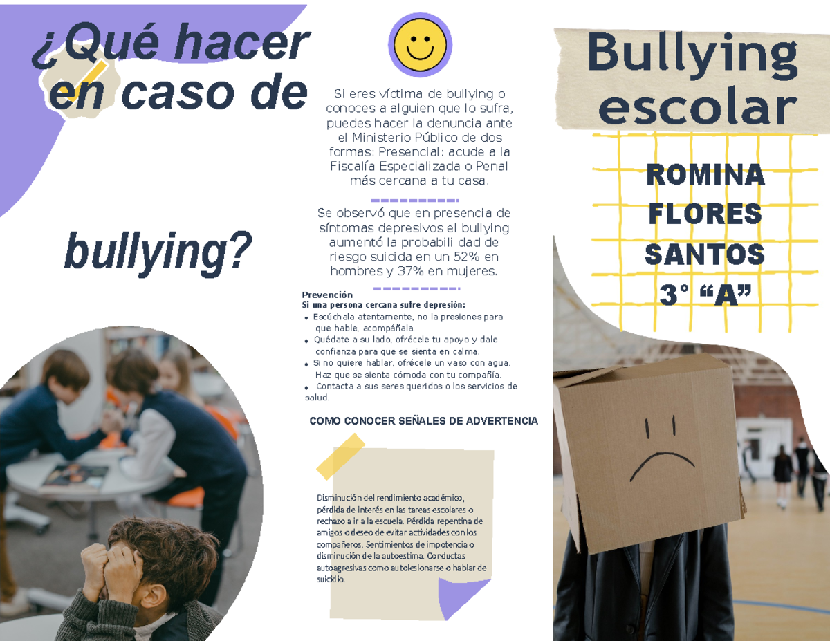 Tríptico sobre el Bullying Acoso Escolar Creativo Morado y Amarillo