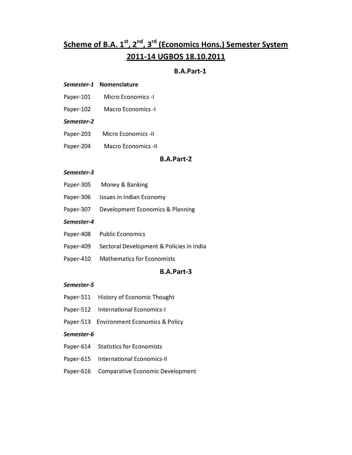 B A (economics) (honrs) Syallbus 4 To 6 Sem - Scheme Of B. 1st, 2nd ...