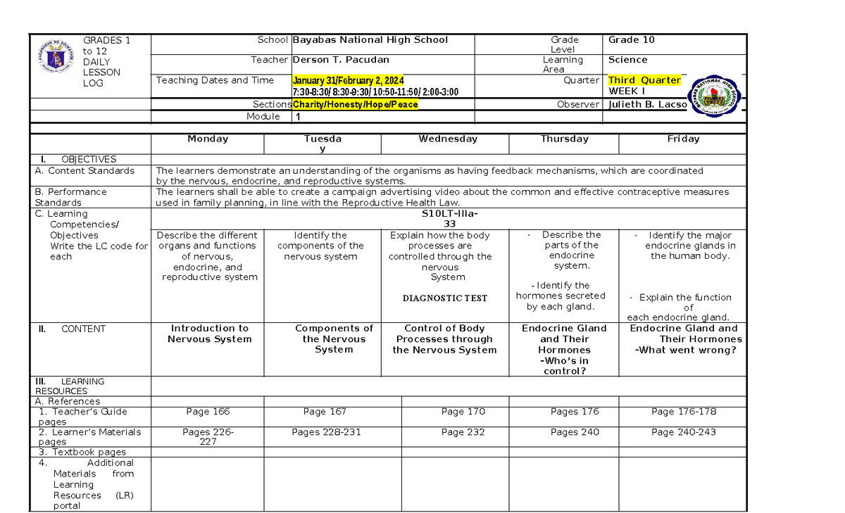 DLL MOD.1 PART 1 3RD QRTR G10 - GRADES 1 To 12 DAILY LESSON LOG School ...