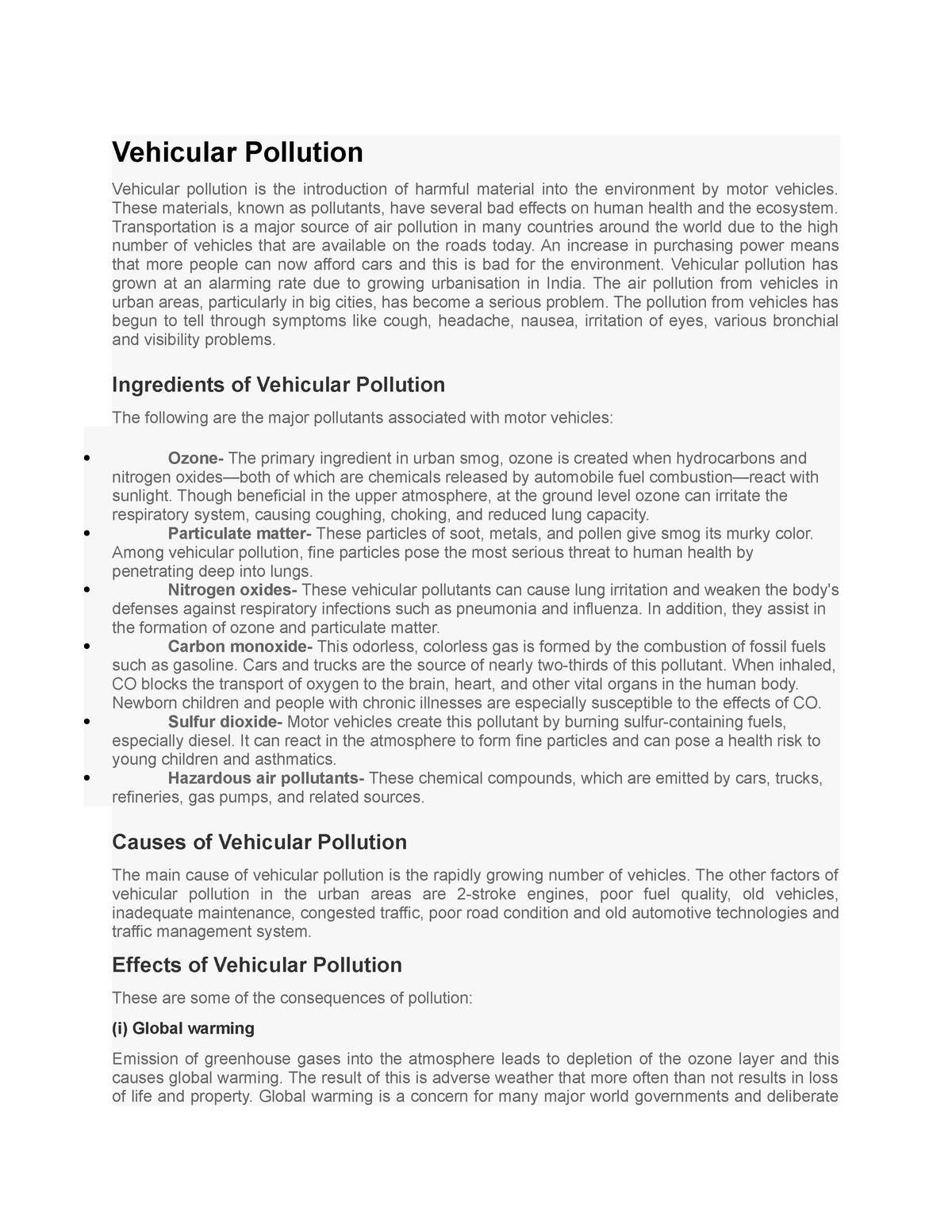 essay on vehicular pollution