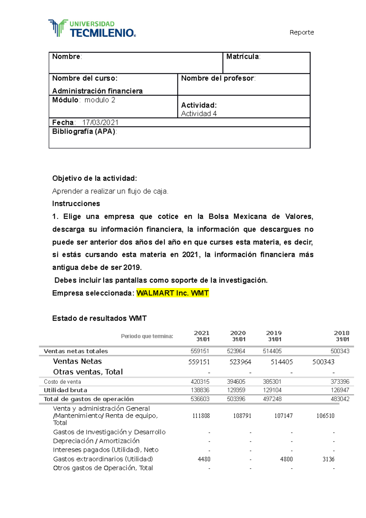 Actividad 4 admi financiera - Nombre: Matrícula: Nombre del curso ...