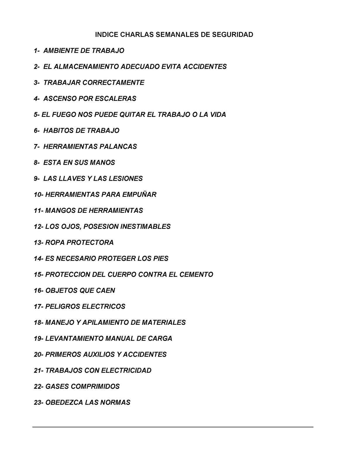 Charlas De Seguridad Industrial Y Salud Ocupacional - INDICE CHARLAS ...