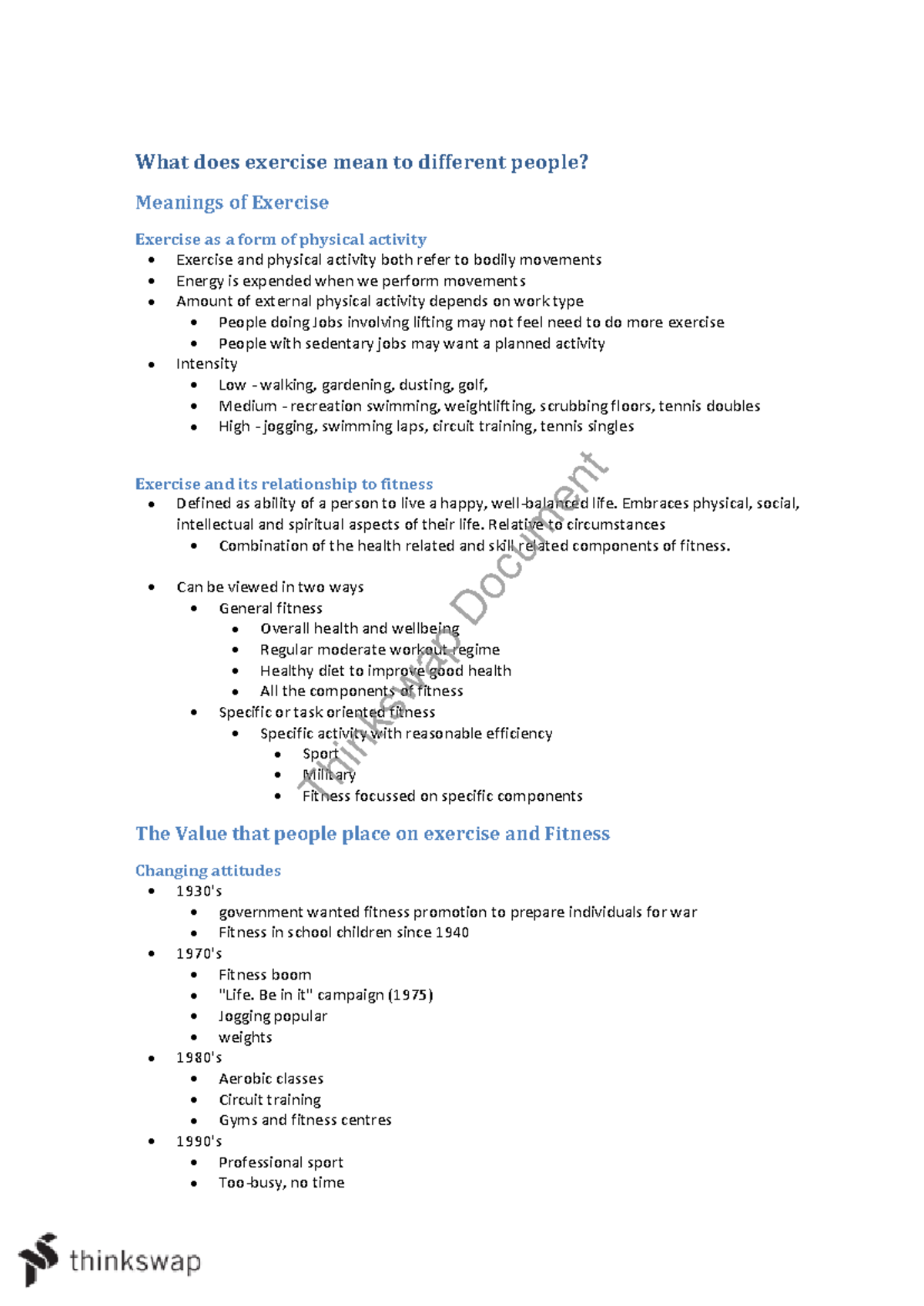 Fitness options summary notes What does exercise mean to different