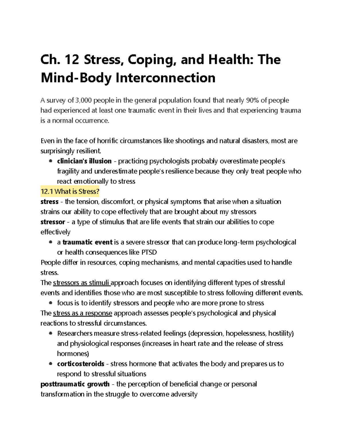 Ch. 12 Stress, Coping, and Health The Mind-Body Interconnection ...