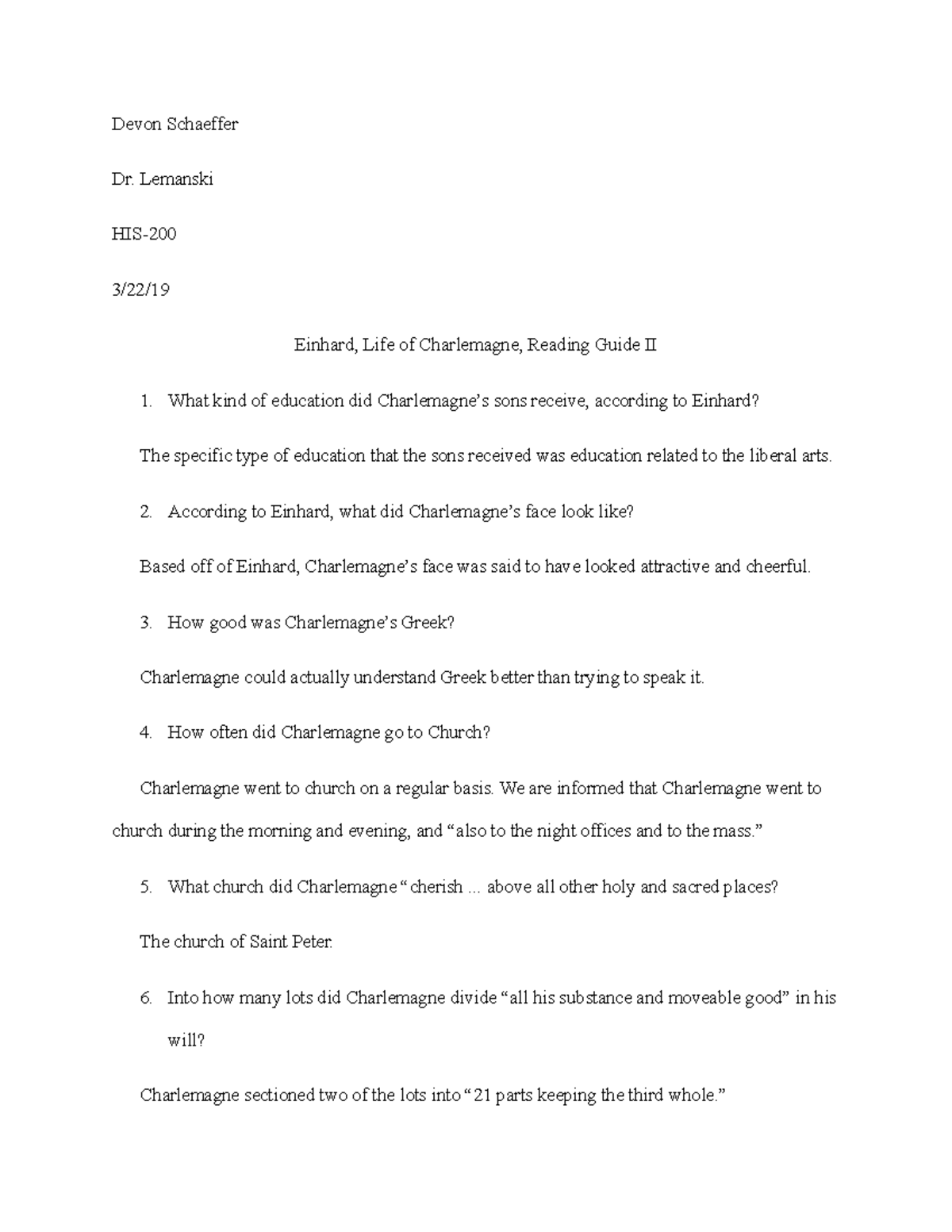 Einhard, Life of Charlemagne, Reading Guide II Devon Schaeffer Dr