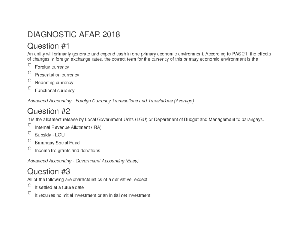AFAR - Diagnostic Exam AFAR - DIAGNOSTIC AFAR 2018 Question An entity ...