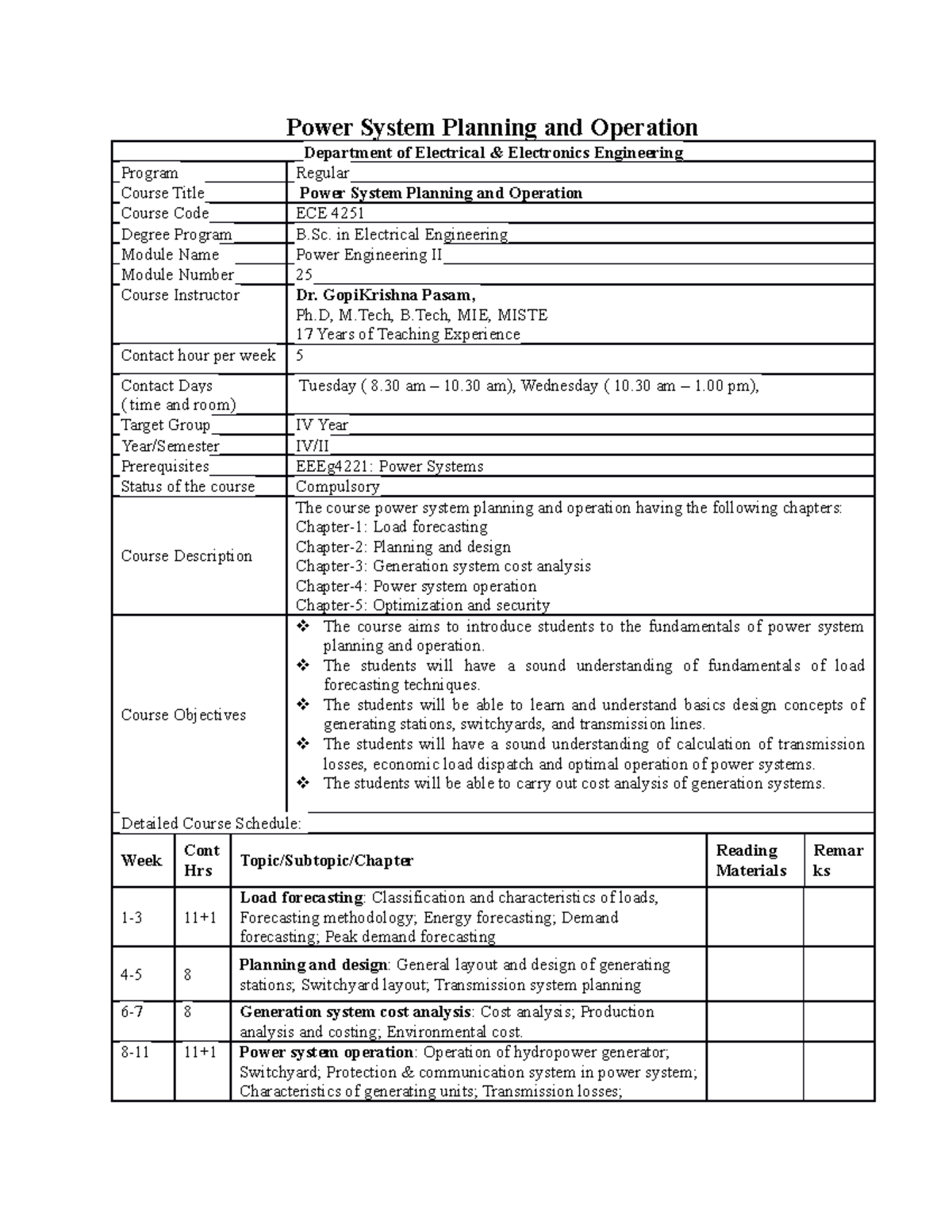 Power System Planning and Operation in Electrical Engineering Power