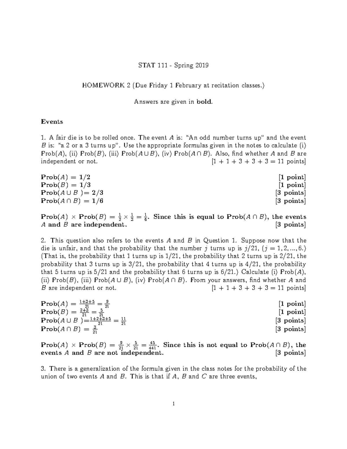 Hwk022019 Springanswerkey - STAT 111 - Spring 2019 HOMEWORK 2 (Due ...