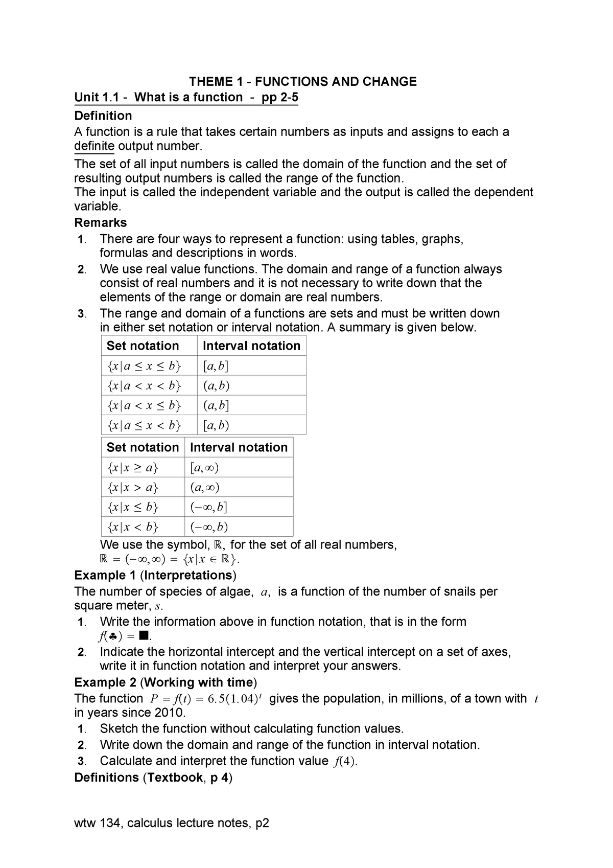 WTW 134 Calculus Notes 2023 - THEME 1 - FUNCTIONS AND CHANGE Unit 1. 1 ...