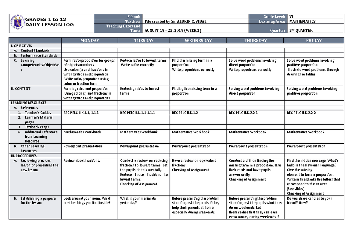 DLL Mathematics 6 Q2 W2 - Lesson Plan in Math 6 - GRADES 1 to 12 DAILY ...