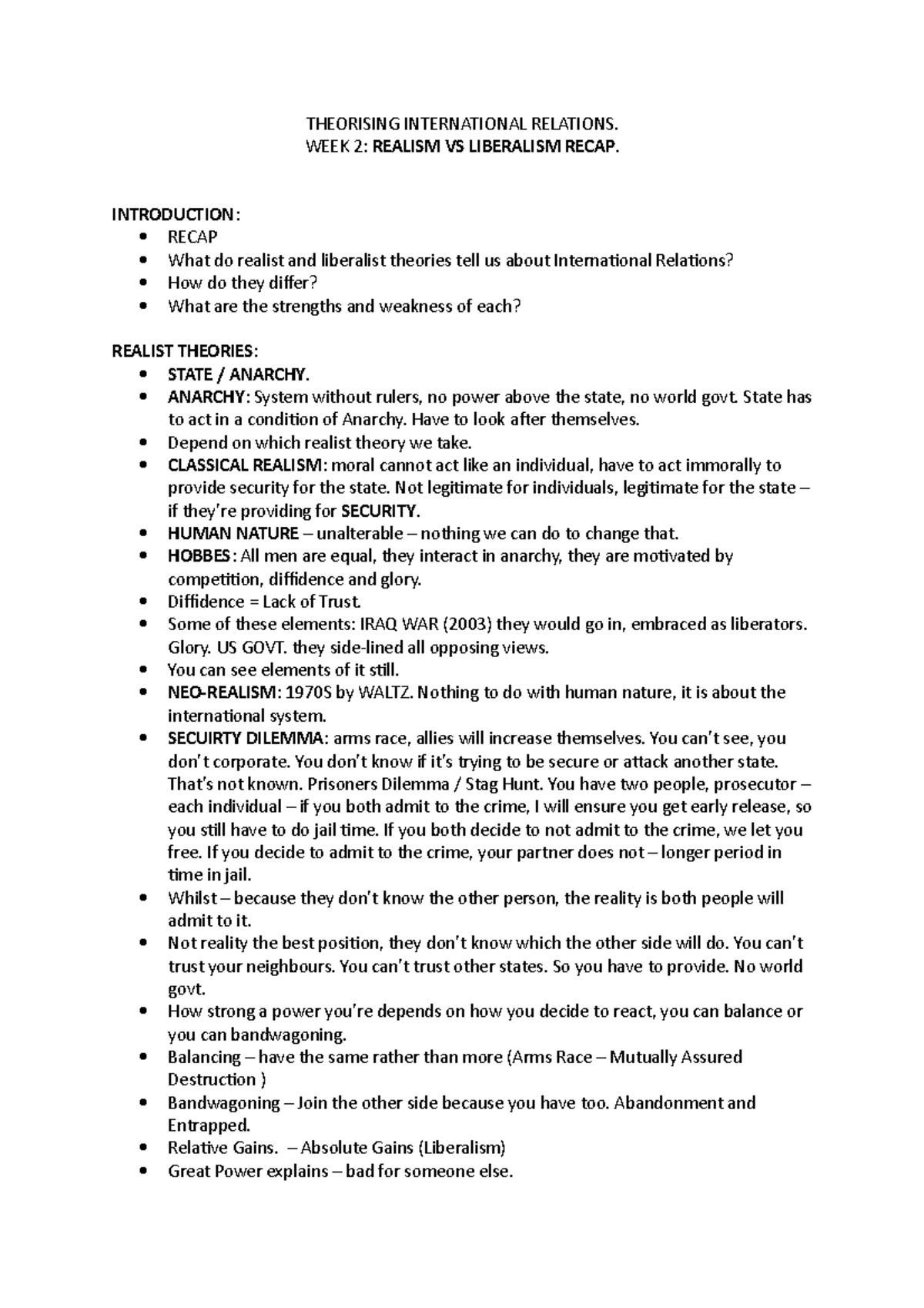 Realism And Liberalism Theorising International Relations Week 2