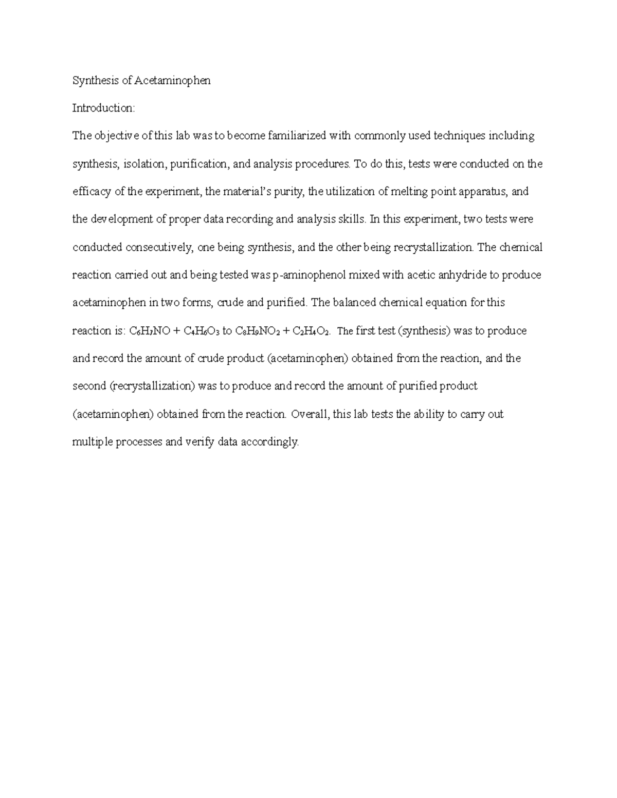 Synthesis of Acetaminophen Lab Introduction Synthesis of