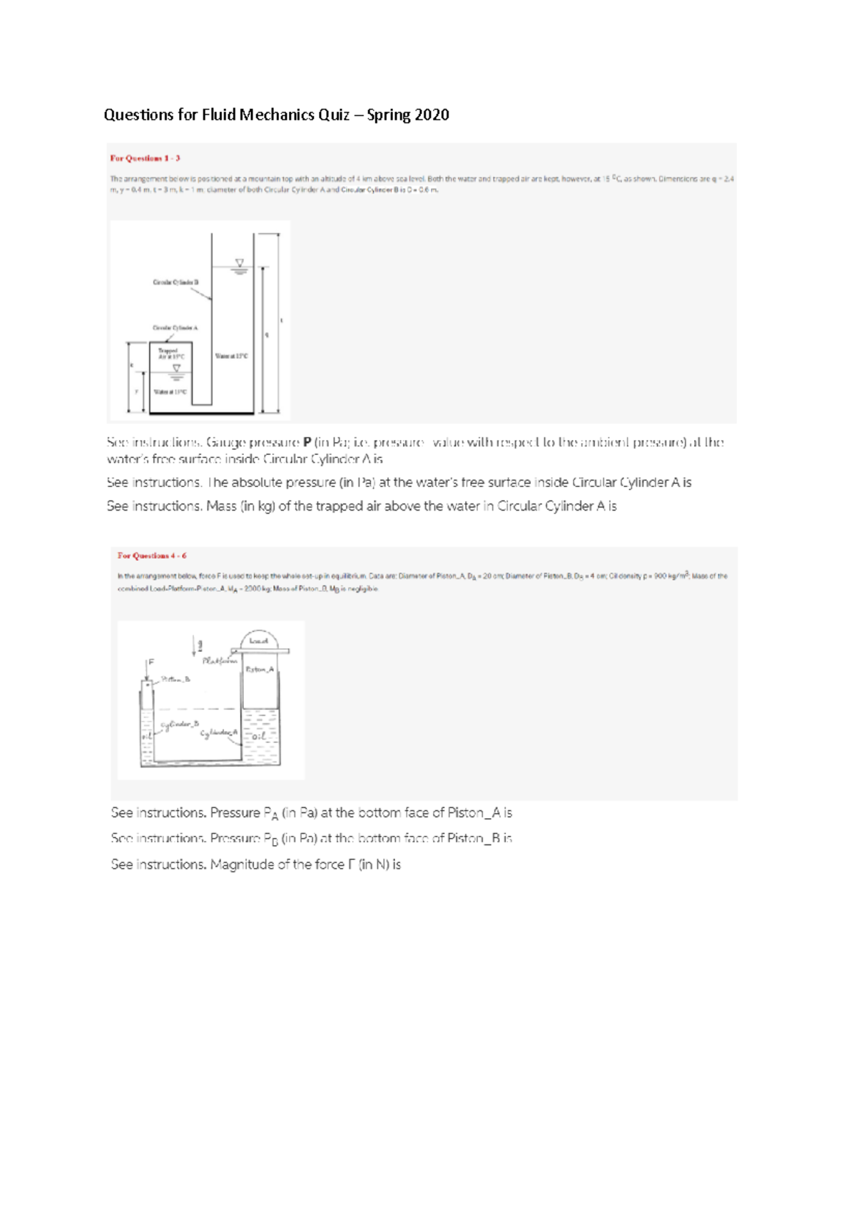 Quiz 4 September 2020, questions 048641 Questions for Fluid