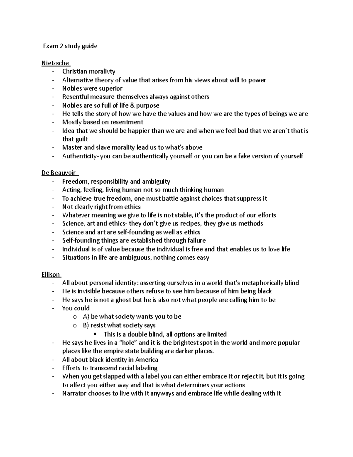 Exam 2 study guide - Exam 2 study guide Nietzsche - Christian moralivty ...