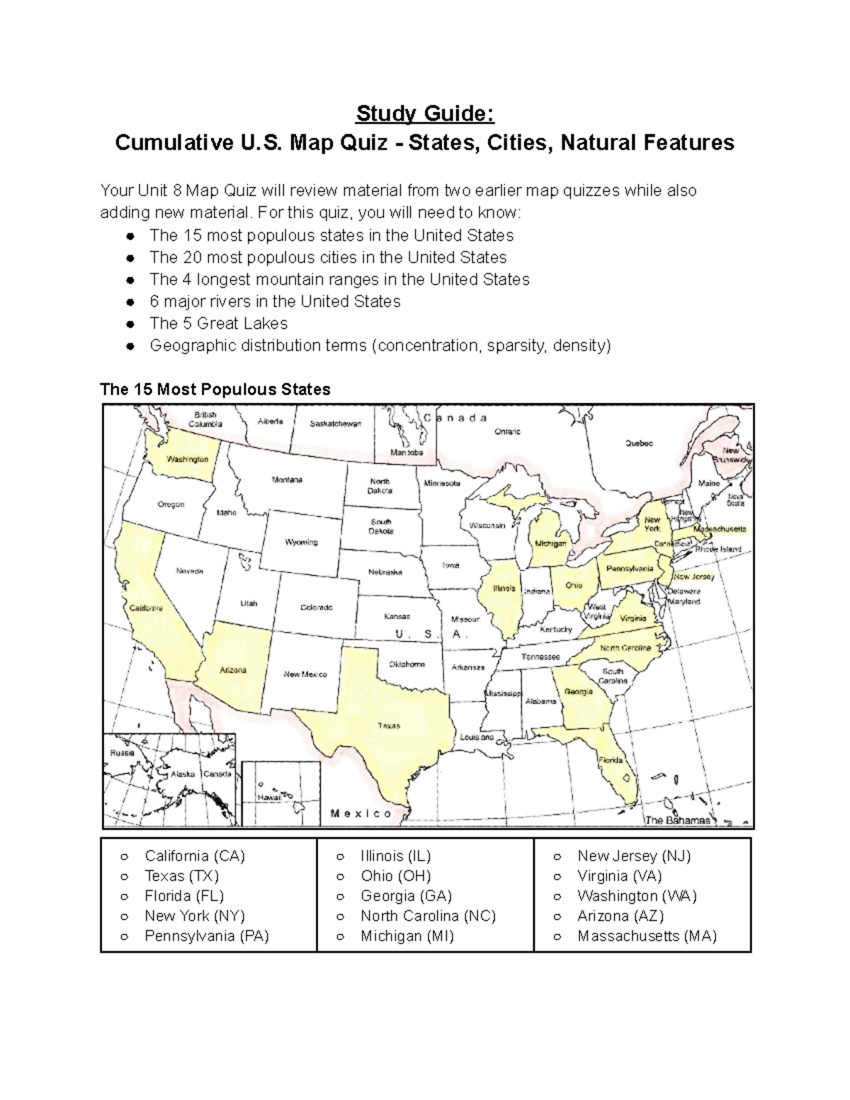 Study Guide Cumulative US Map Quiz - Study Guide: Cumulative U. Map ...