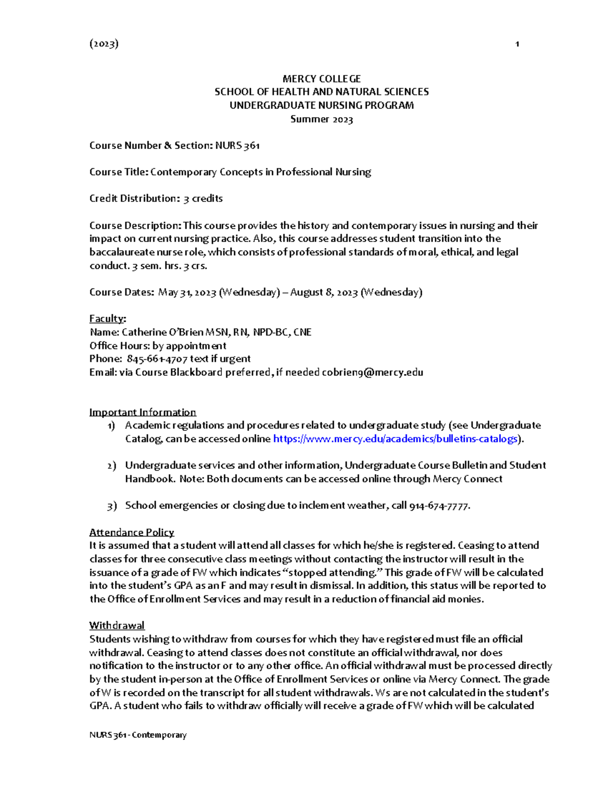 NURS 361 Syllabus Summer 2023 OBrien MERCY COLLEGE SCHOOL OF HEALTH