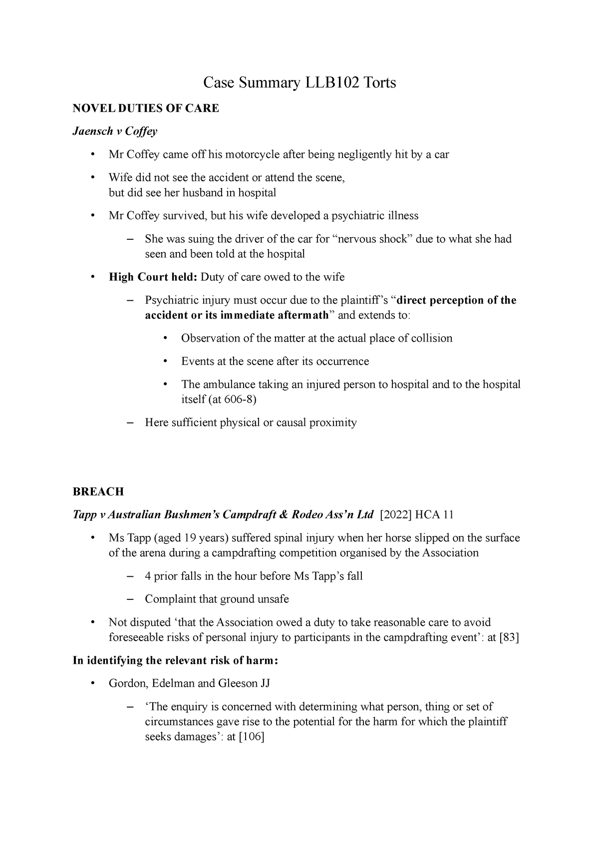 Case Summaries LLB102 Torts - Case Summary LLB102 Torts NOVEL DUTIES OF ...