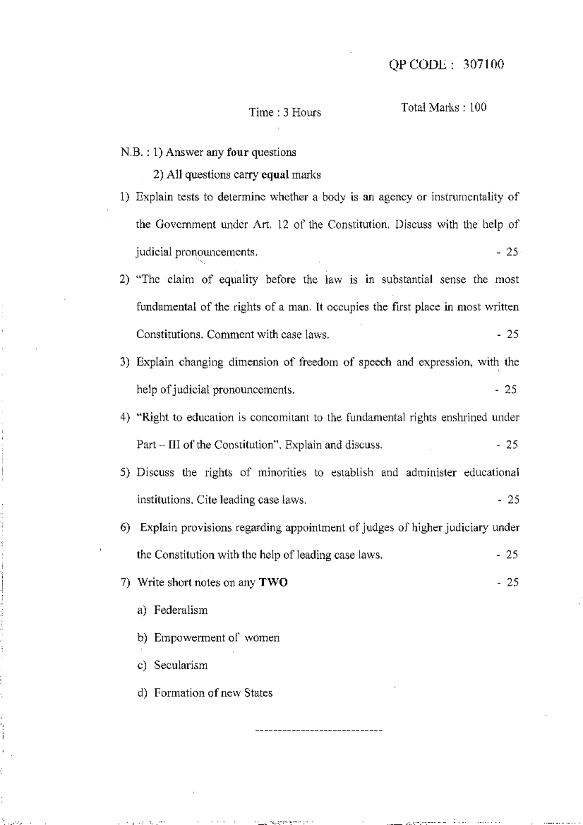 2016 Question Paper For Indian Constitutional Law The New Challenges